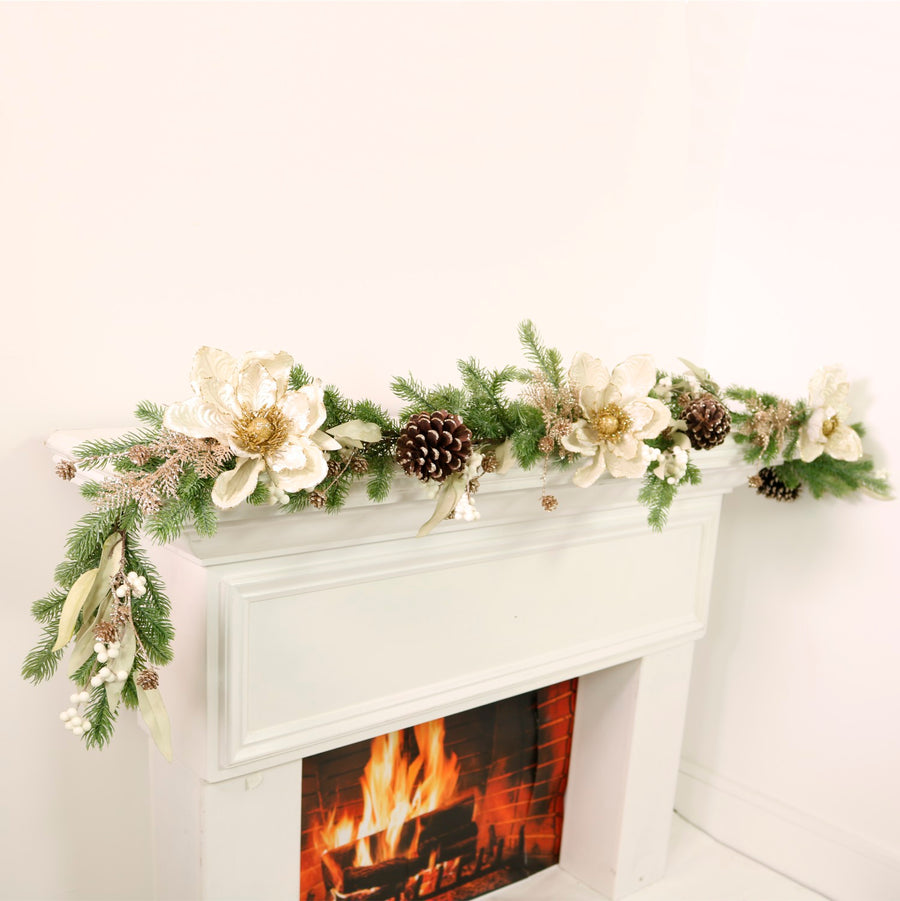Premium Magnolia & Cone Glitter Garland (180cm)