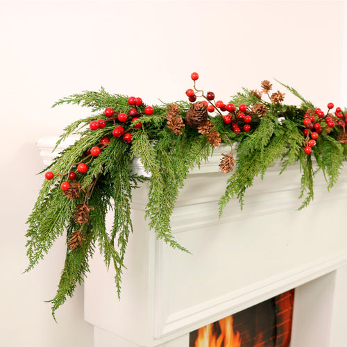 Real Touch Oval Cupressus With Fir Cones & Berries Garland (170cm)