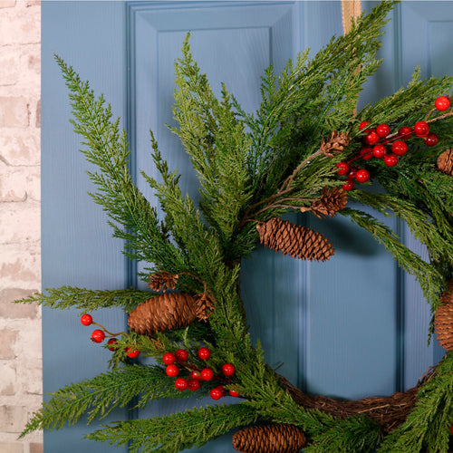 Real Touch Cupressus With Berries & Pine Cone Wreath (60cm)