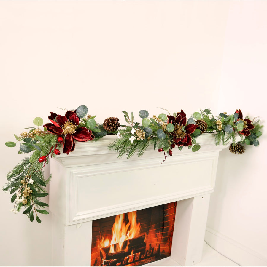 Premium Magnolia & Berry Glitter Garland Burgundy (180cm)