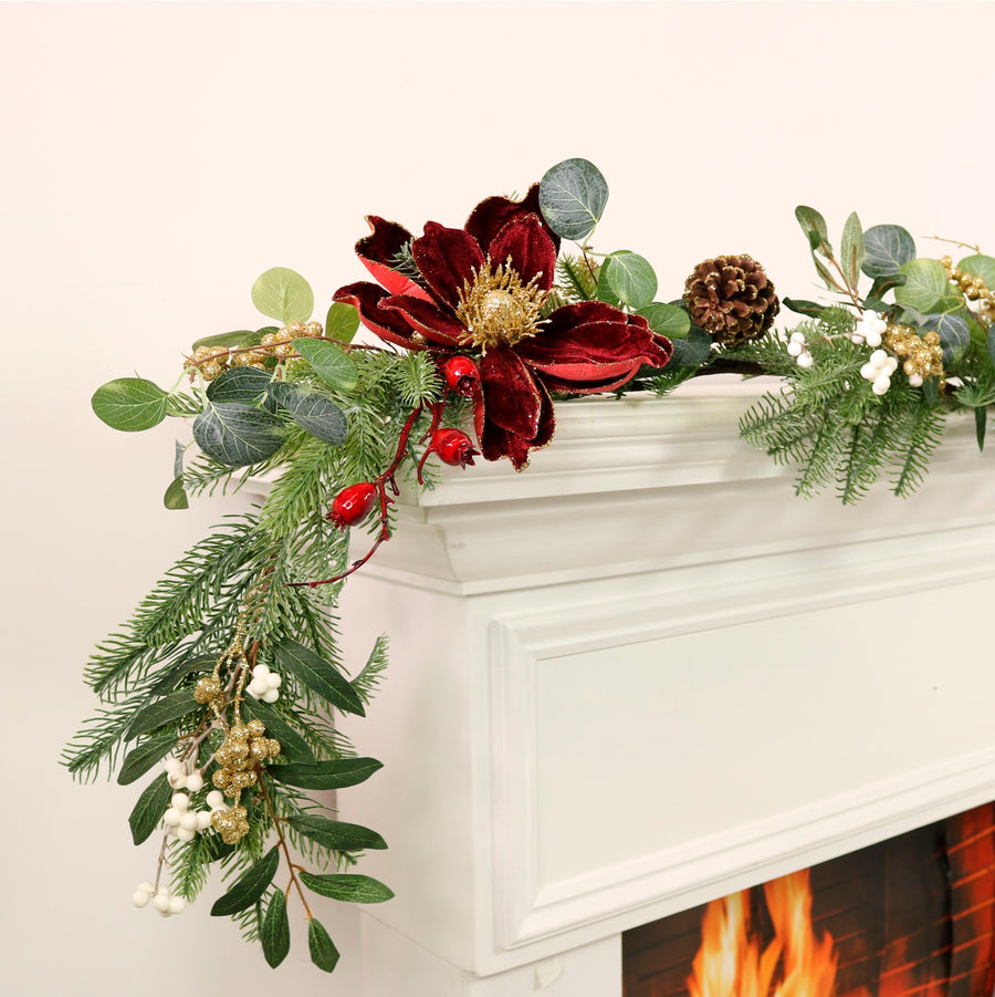 Premium Magnolia & Berry Glitter Garland Burgundy (180cm)