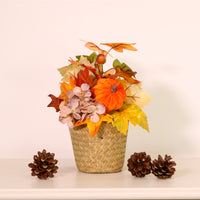 Autumn Fall Pumpkin Mix Woven Basket Arrangement (25cm)