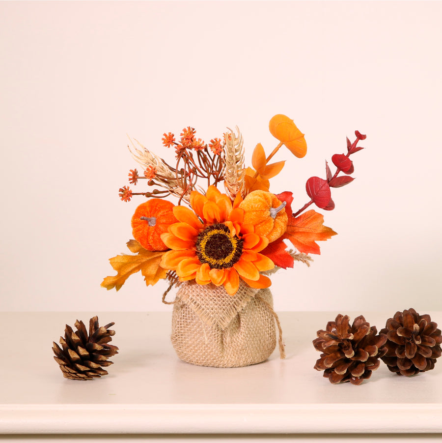 Autumn Harvest Pumpkin Mix Hessian Arrangement (19cm)