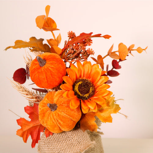 Autumn Harvest Pumpkin Mix Hessian Arrangement (28cm)
