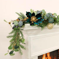 Premium Magnolia & Bauble Glitter Garland (180cm) Teal
