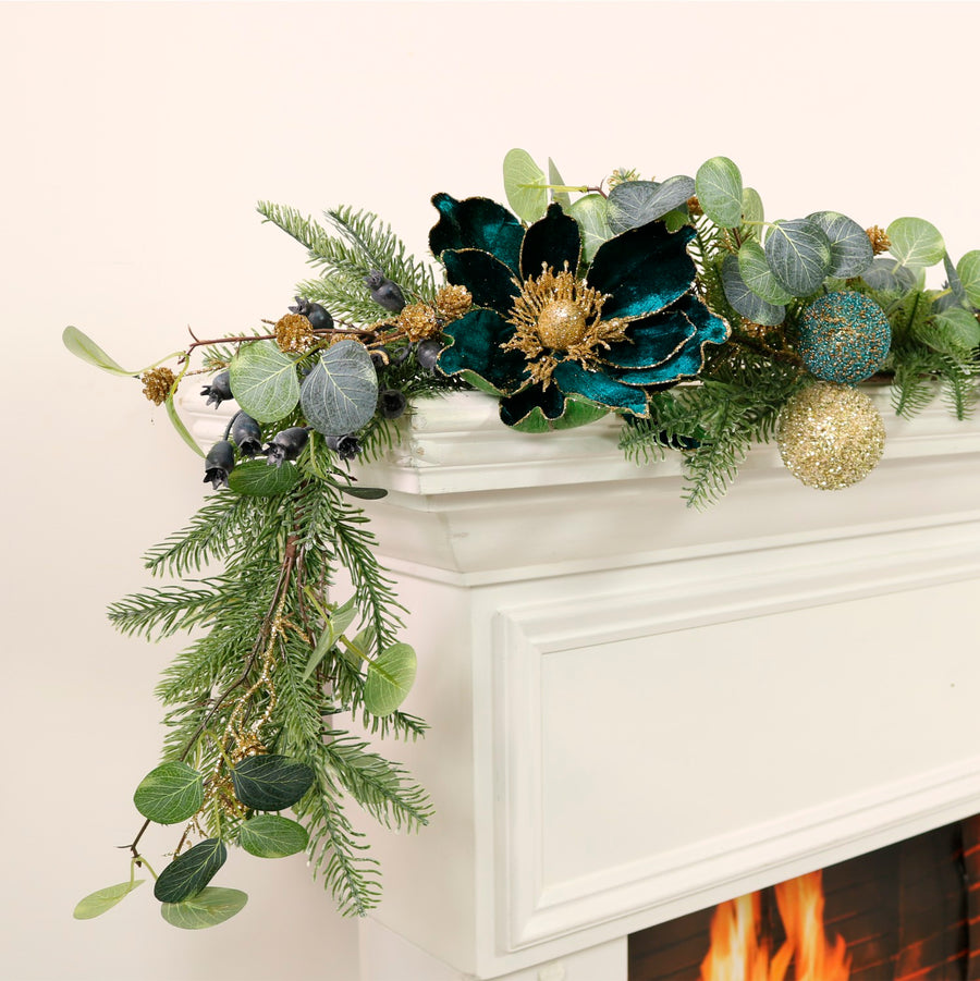 Premium Magnolia & Bauble Glitter Garland (180cm) Teal