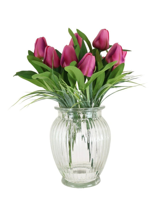 Tulip in Ribbed Vase Arrangement