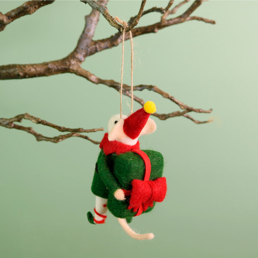 Festive Hanging Cheesus Elf Felt Mouse