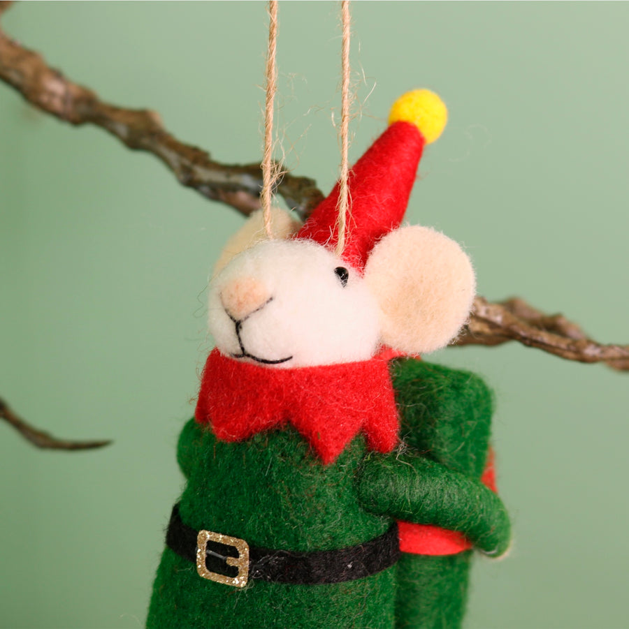 Festive Hanging Cheesus Elf Felt Mouse