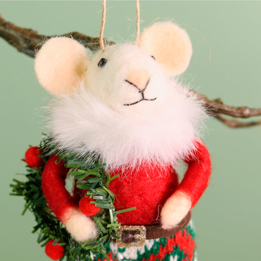 Festive Hanging Squeaky Claus Felt Mouse